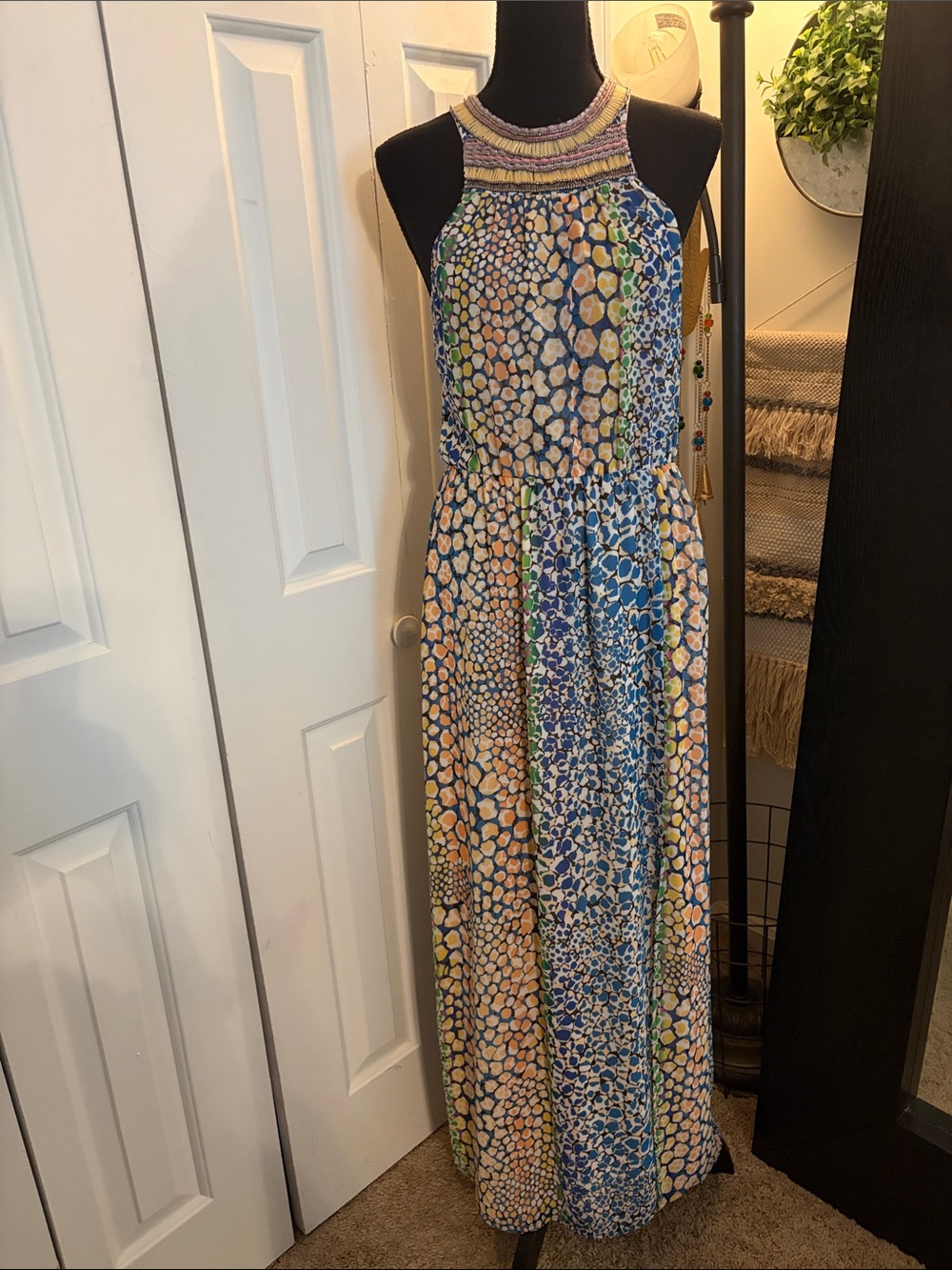 Charlie Jade Beaded Halter Maxi Dress in Blue, Yellow & Green